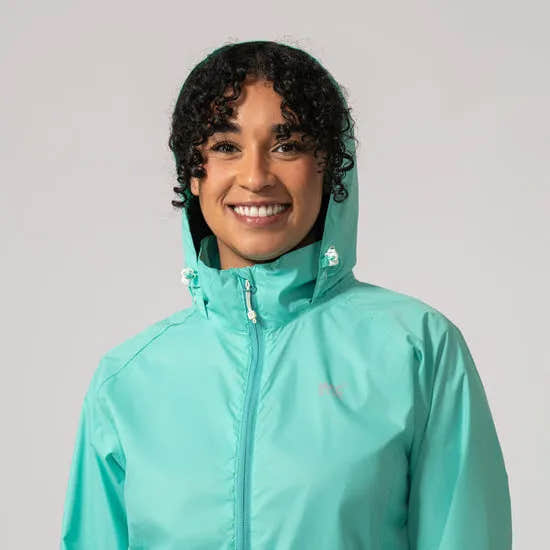 Unisex Tiffany Green Mac In A Sac Mias Origin 2 waterproof jacket with hood, front zipper, and logo detail.
