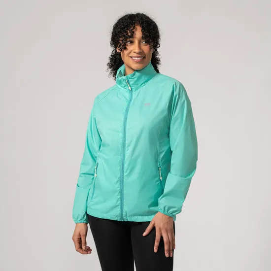 Unisex Tiffany Green Mac In A Sac Mias Origin 2 jacket with front zipper, high collar, and zippered pockets, lightweight and waterproof.