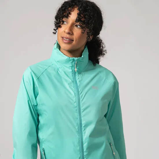 Unisex Tiffany Green Mac In A Sac Mias Origin 2 jacket with front zipper, high collar, and lightweight waterproof design.
