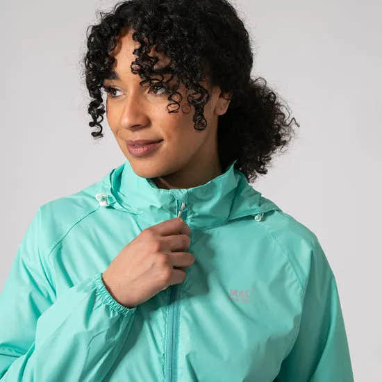 Unisex Tiffany green Mac In A Sac Mias Origin 2 lightweight jacket with hood, front zipper, and logo, outdoor weatherwear for women and men.
