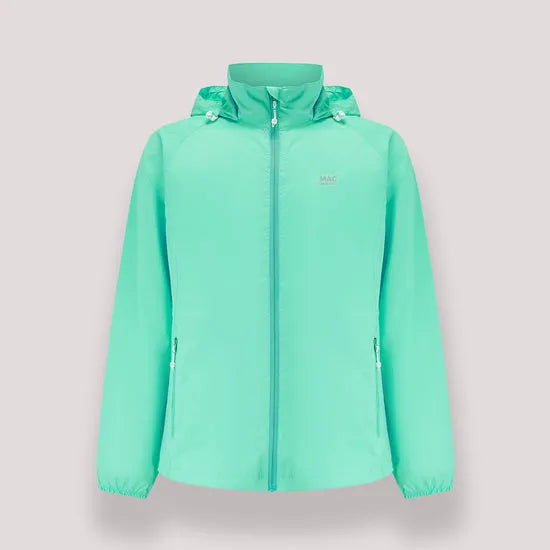 Unisex Tiffany Green Mac In A Sac Mias Origin 2 waterproof jacket with hood, zip closure, and side pockets.