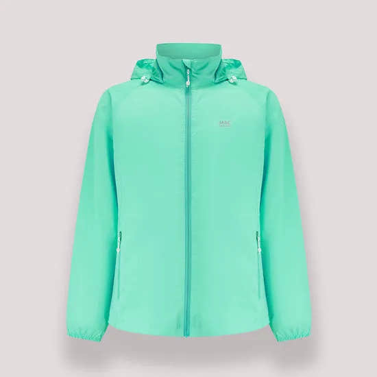 Unisex Tiffany Green Mac In A Sac Mias Origin 2 waterproof jacket with hood, zip closure, and side pockets.