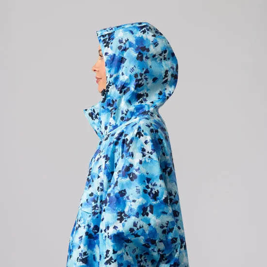 Unisex festival poncho with blue dazzle abstract pattern, hooded design, lightweight waterproof raincoat for outdoor activities.