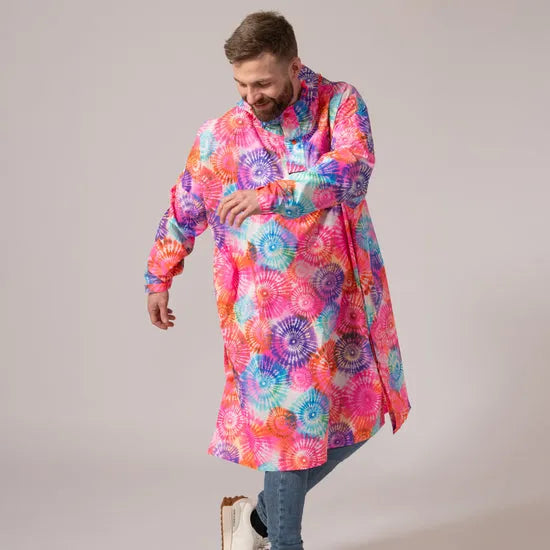 Unisex festival poncho with tie-dye spiral pattern, vibrant colors, and loose fit for outdoor events and music festivals.