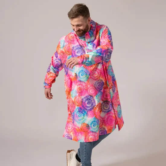 Unisex festival poncho with tie-dye spiral pattern, vibrant colors, and loose fit for outdoor events and music festivals.