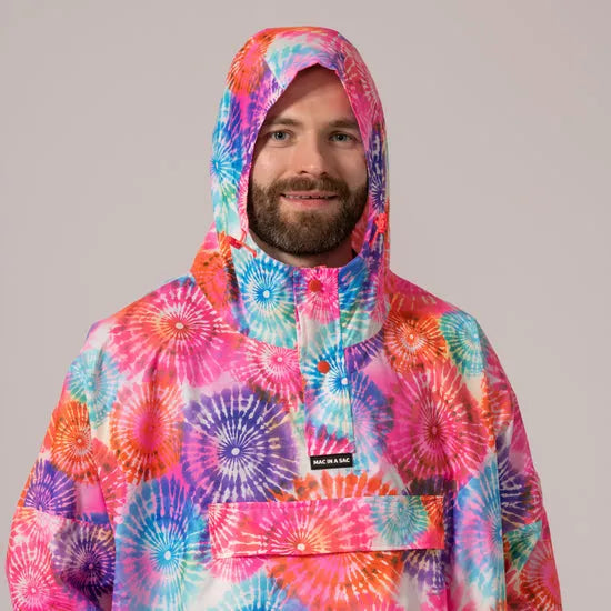 Unisex tie-dye festival poncho with hood, bright rainbow colors, Mac In A Sac branding, designed for outdoor events and rain protection.