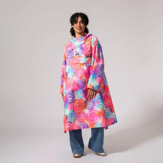 Unisex tie-dye festival poncho, vibrant colorful spiral pattern, loose fit, casual unisex style perfect for outdoor events.
