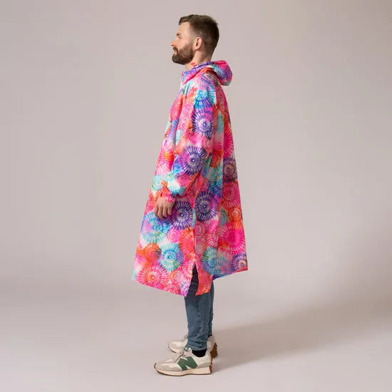 Unisex tie-dye festival poncho in bright, colorful swirl patterns, long length, hooded design, perfect for outdoor events.