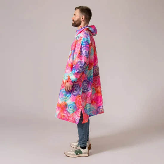 Unisex tie-dye festival poncho in bright, colorful swirl patterns, long length, hooded design, perfect for outdoor events.