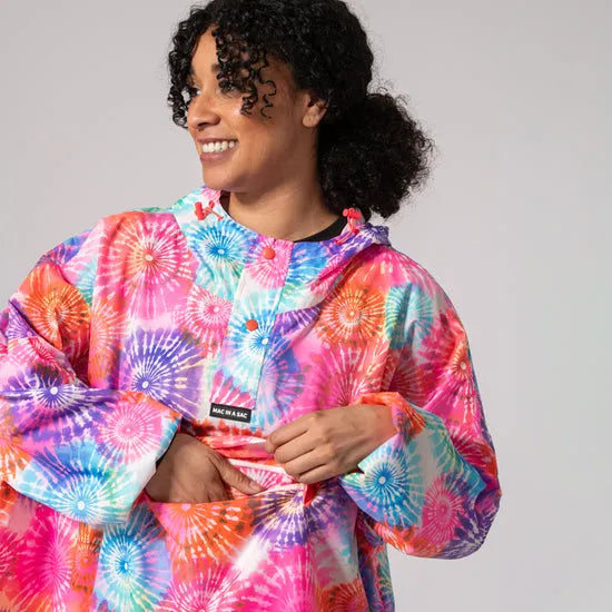 Unisex tie-dye festival poncho with vibrant firework patterns, hooded design, perfect for outdoor events and rain protection.