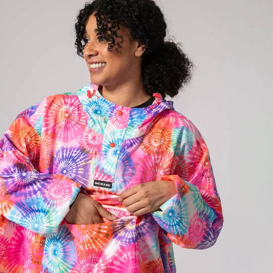 Unisex tie-dye festival poncho with vibrant firework patterns, hooded design, perfect for outdoor events and rain protection.