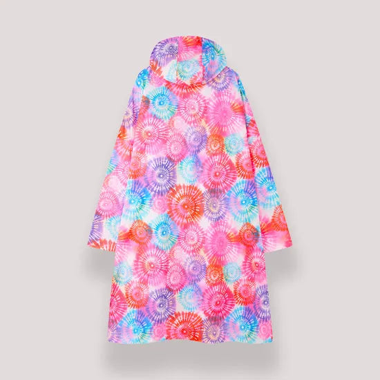 Unisex festival poncho with tie-dye firework pattern, hood, and vibrant multicolor design. Perfect for outdoor events and music festivals.