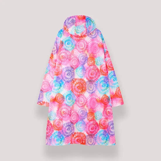 Unisex festival poncho with tie-dye firework pattern, hood, and vibrant multicolor design. Perfect for outdoor events and music festivals.
