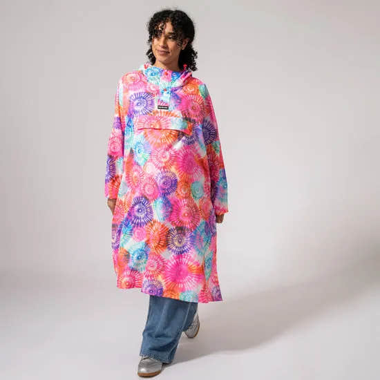 Unisex tie-dye festival poncho with vibrant, colorful spiral patterns, featuring a hood and front pocket, perfect for festival wear.