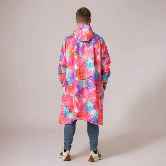 Unisex festival poncho in tie-dye with vibrant, colorful spiral patterns, featuring a hood and relaxed fit.
