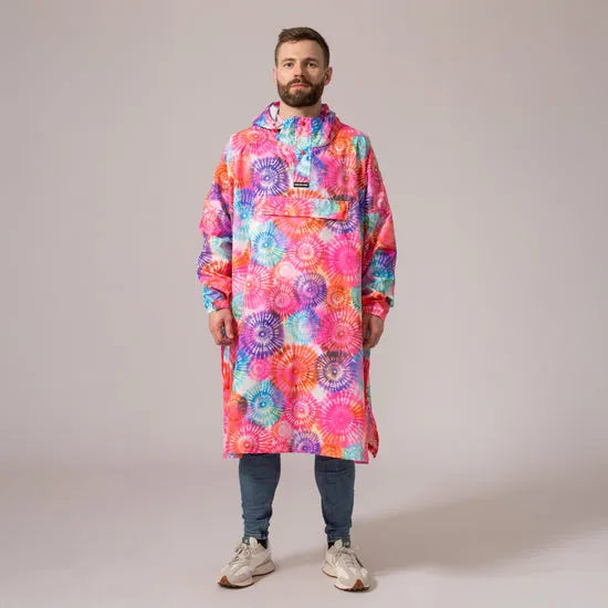 Unisex festival poncho in tie-dye with vibrant, colorful spiral patterns, lightweight waterproof design, Mac In A Sac branding.