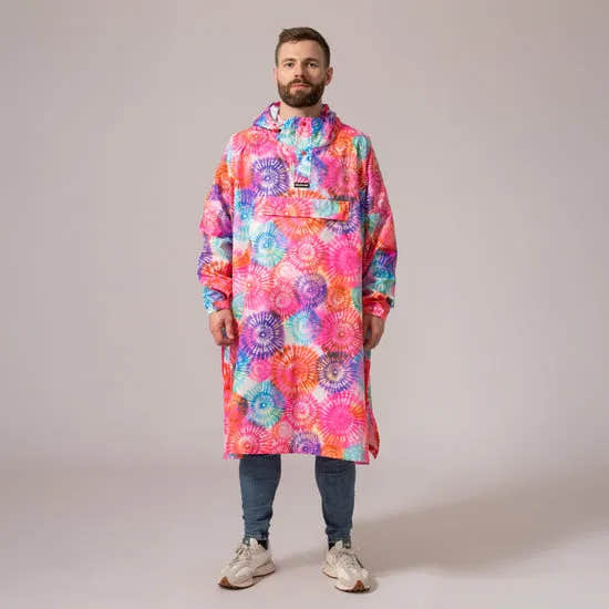 Unisex festival poncho in tie-dye with vibrant, colorful spiral patterns, lightweight waterproof design, Mac In A Sac branding.