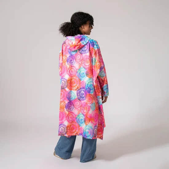 Unisex tie-dye festival poncho in vibrant rainbow colors, featuring a loose, oversized fit and hood, perfect for outdoor events.