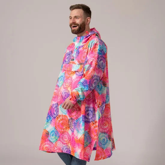 Unisex festival poncho with vibrant tie-dye spiral pattern, lightweight, waterproof, and perfect for outdoor events and rain protection.