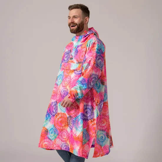 Unisex festival poncho with vibrant tie-dye spiral pattern, lightweight, waterproof, and perfect for outdoor events and rain protection.