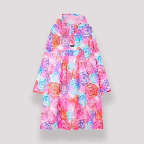 Mac In A Sac unisex tie-dye festival poncho with colorful spiral pattern, hood, and waterproof fabric.
