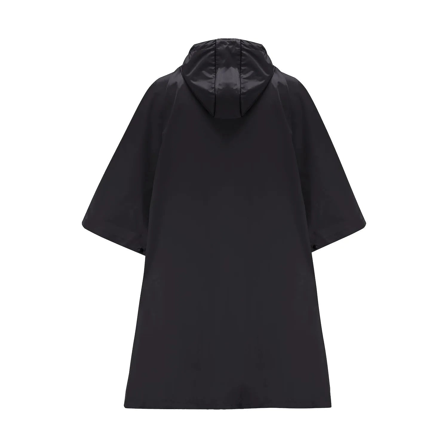 Black unisex Mac In A Sac Origin 2 poncho with hood, lightweight waterproof raincoat, and wide short sleeves.