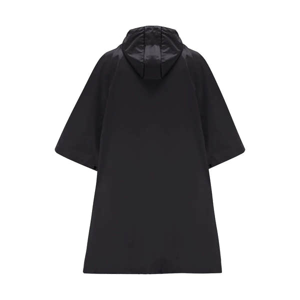 Black unisex Mac In A Sac Origin 2 poncho with hood, lightweight waterproof raincoat, and wide short sleeves.