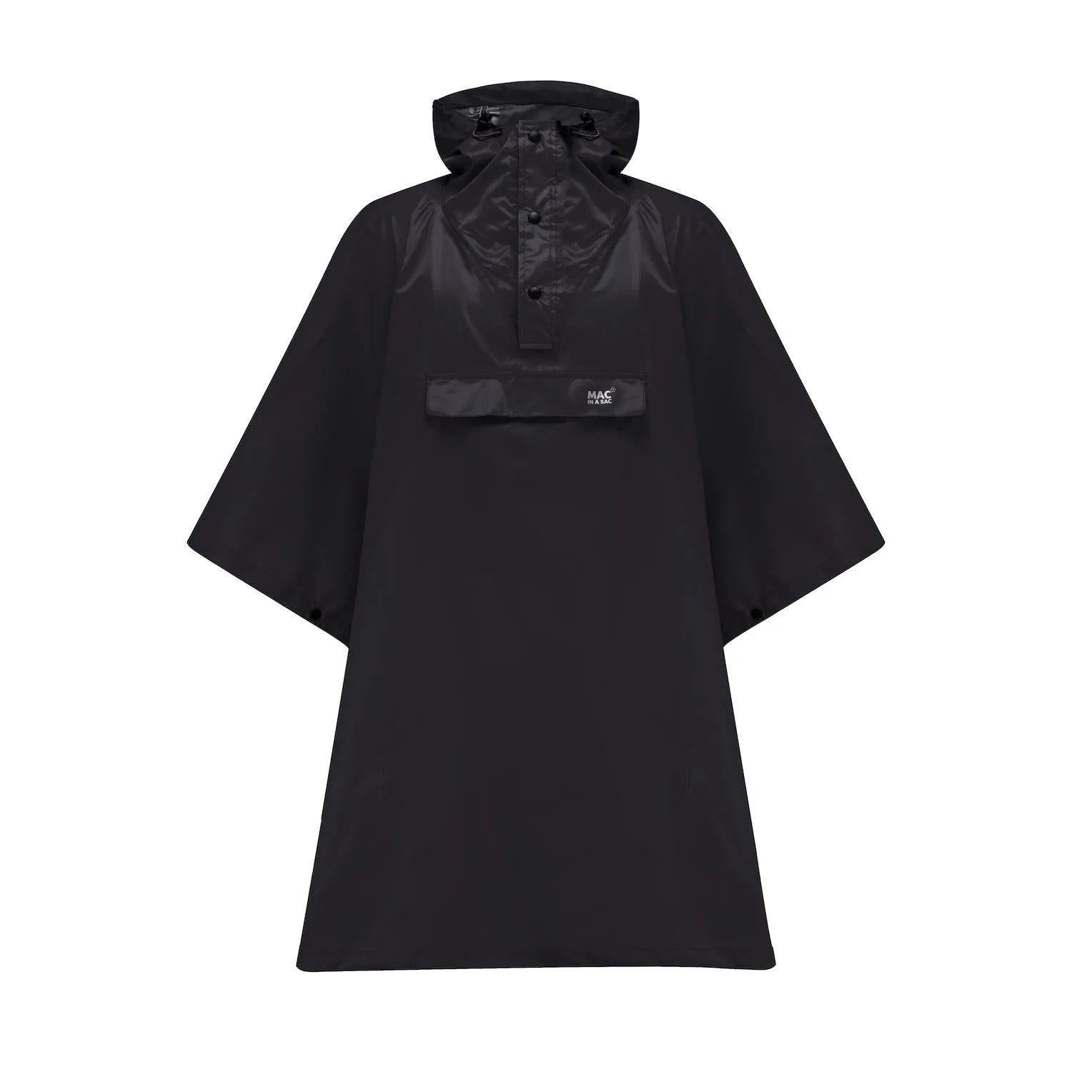 Black unisex hooded poncho with front pocket, made by Mac In A Sac, lightweight waterproof rainwear, versatile and stylish.