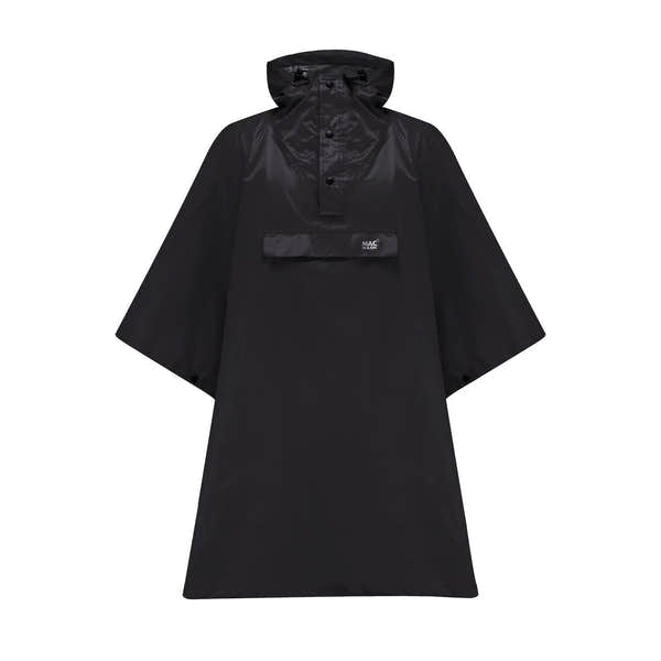 Black unisex hooded poncho with front pocket, made by Mac In A Sac, lightweight waterproof rainwear, versatile and stylish.