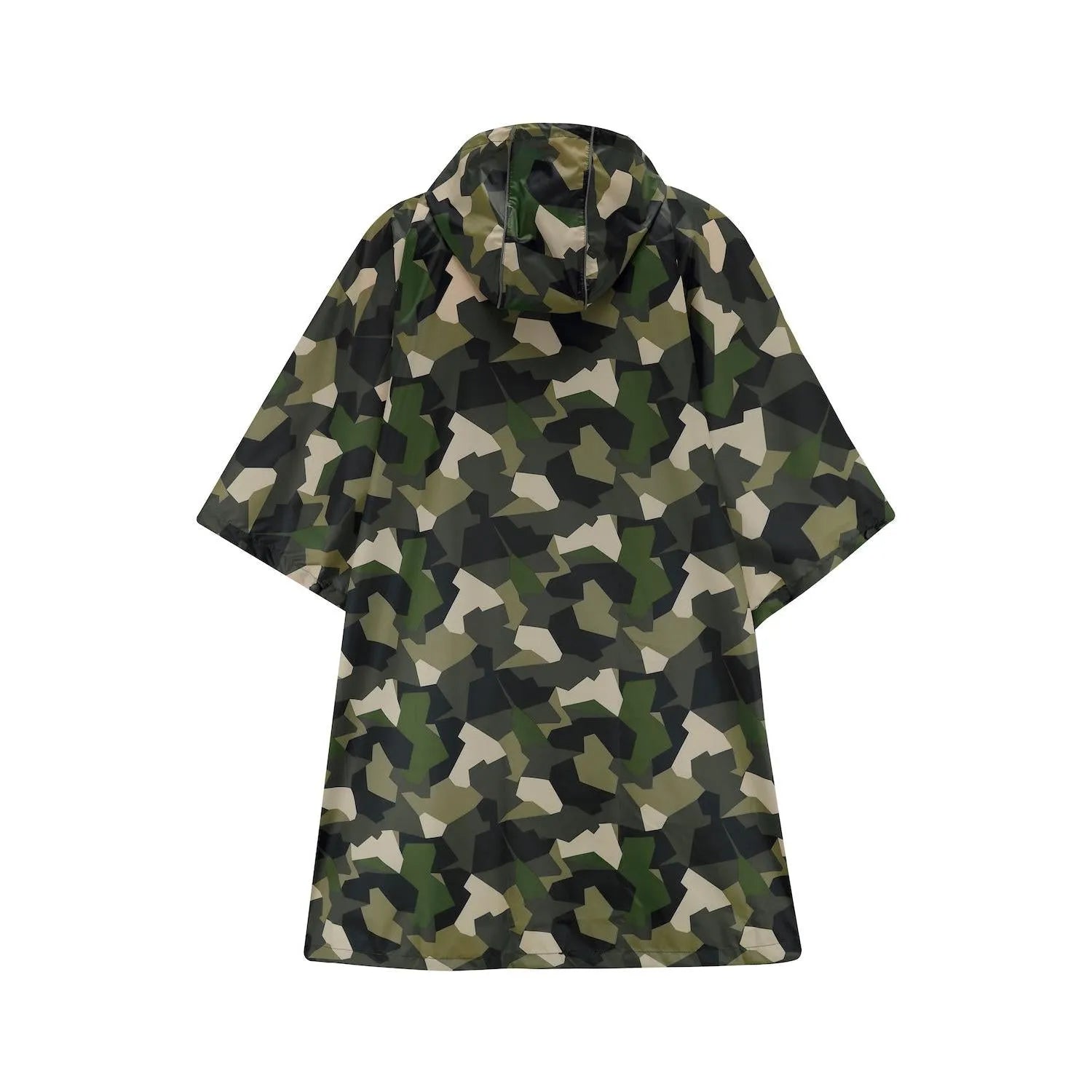Unisex green camouflage poncho with hood, lightweight design, and 