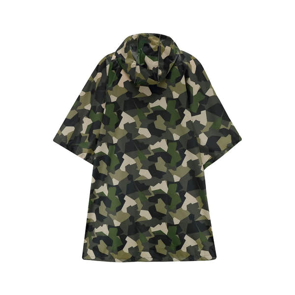 Unisex green camouflage poncho with hood, lightweight design, and "Mac In A Sac" branding, ideal for outdoor rain protection.
