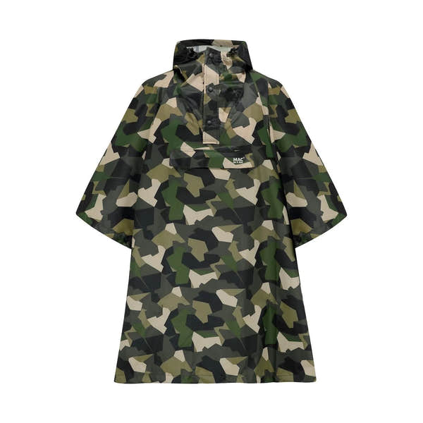 Unisex green camouflage poncho with Hood and front pocket, "Mac In A Sac" Origin 2 design, lightweight raincoat.