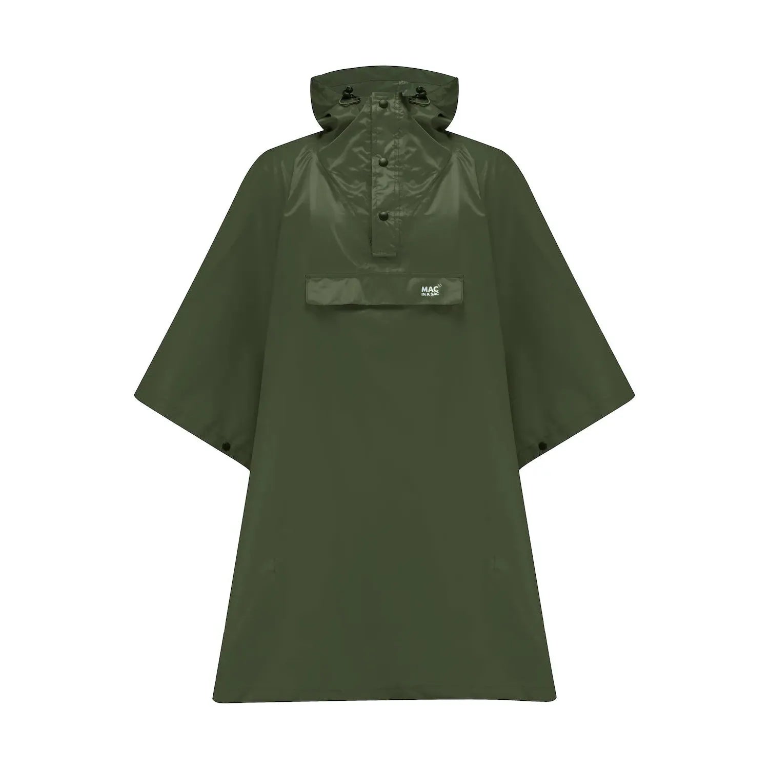 Unisex khaki poncho with hood, front snap buttons, and chest pocket, from Mac In A Sac Origin 2 collection.