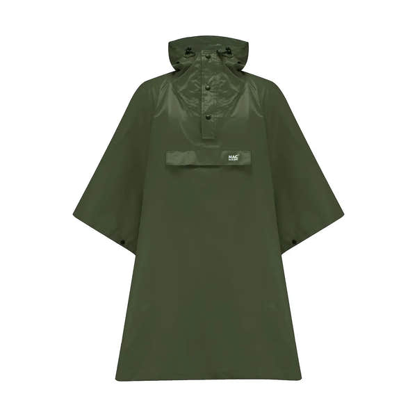 Unisex khaki poncho with hood, front snap buttons, and chest pocket, from Mac In A Sac Origin 2 collection.