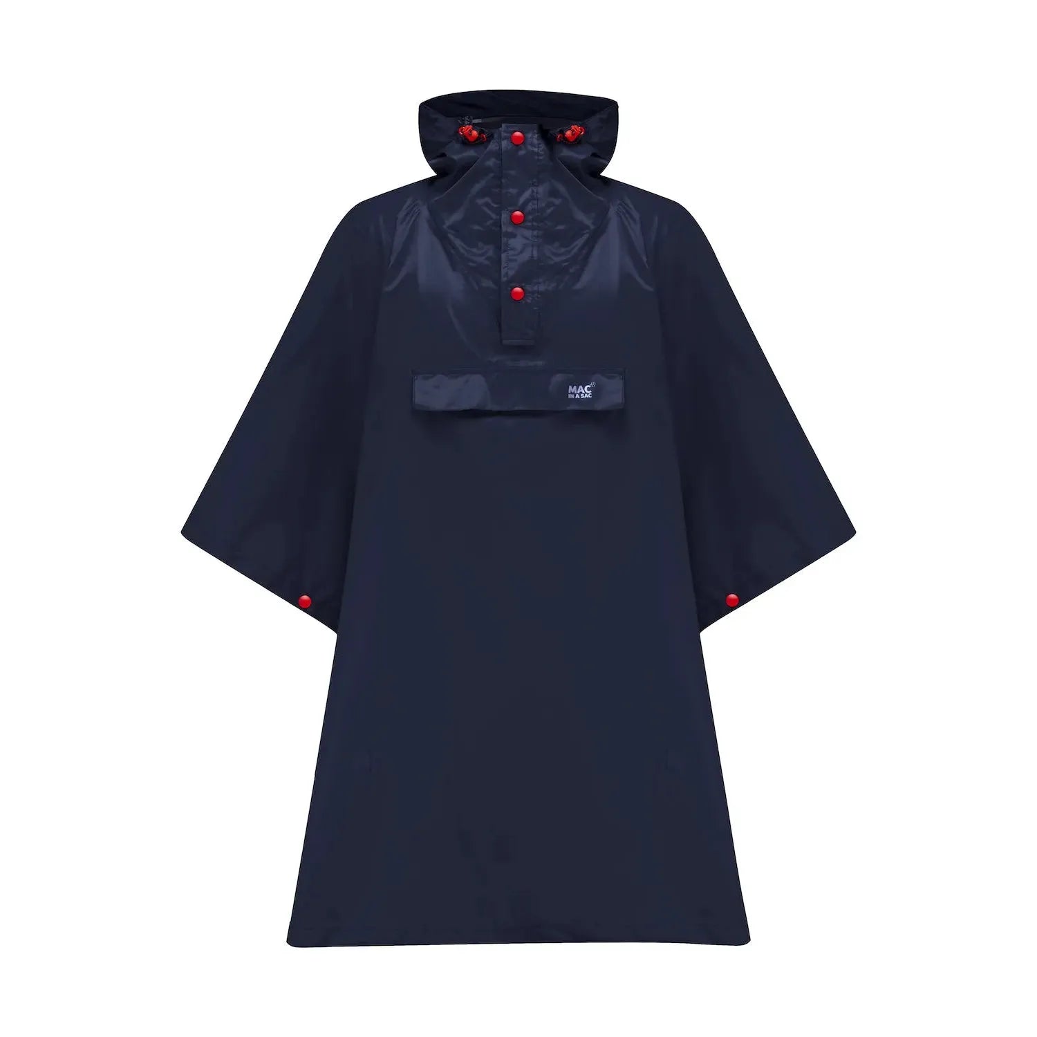 Unisex navy Mac In A Sac Origin 2 Poncho with hood, red accents, and front pocket, waterproof rain gear for men and women.