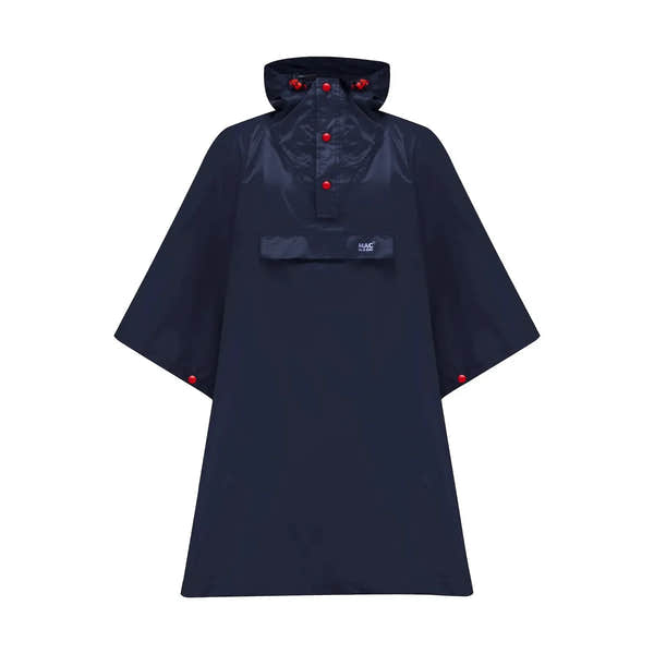 Unisex navy Mac In A Sac Origin 2 Poncho with hood, red accents, and front pocket, waterproof rain gear for men and women.