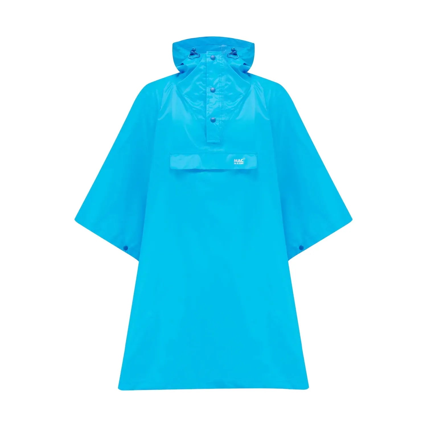 Neon Blue Mac In A Sac Unisex Origami 2 Poncho, waterproof raincoat with hood and front pocket.