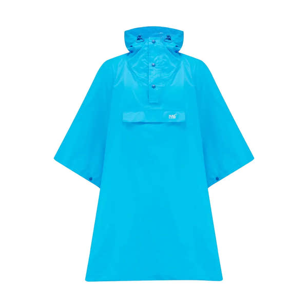 Neon Blue Mac In A Sac Unisex Origami 2 Poncho, waterproof raincoat with hood and front pocket.