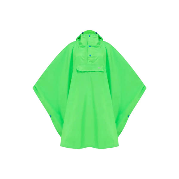 Neon green Mac In A Sac Unisex Origin 2 Poncho with hood and front pocket, waterproof rain protection, lightweight and stylish.