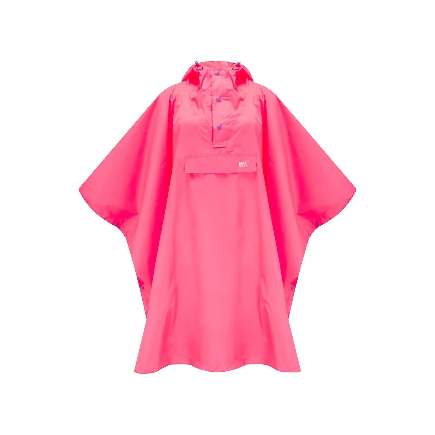 Unisex neon pink water-resistant poncho with hood, front pocket, and adjustable drawstrings, featuring 