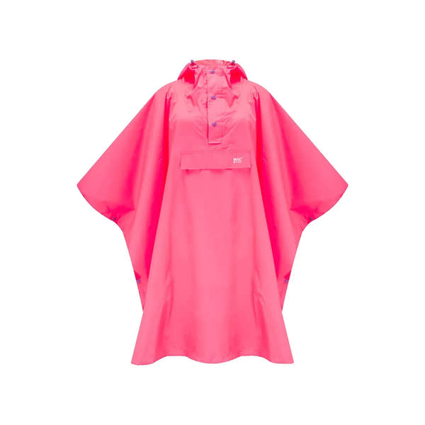 Unisex neon pink water-resistant poncho with hood, front pocket, and adjustable drawstrings, featuring "Mac In A Sac" branding.