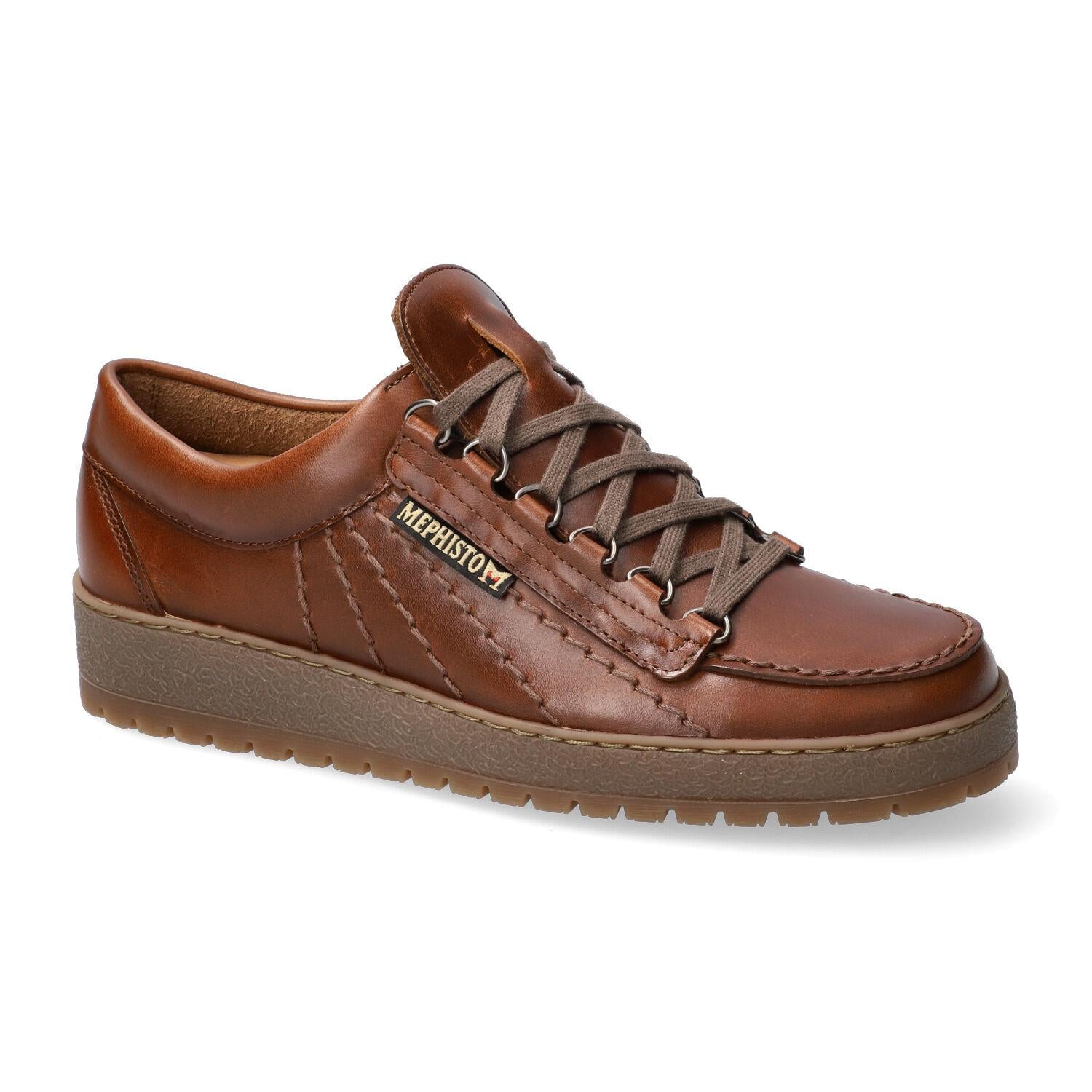 Men's chestnut full grain leather lace-up shoes with stitching details and rubber sole by Mephisto.
