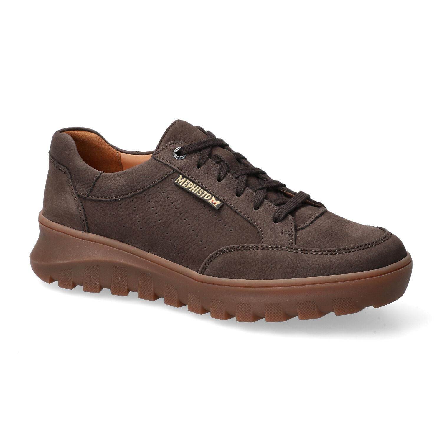 Men's dark brown nubuck lace-up trainers with chunky sole, Mephisto Flynn model, stylish and comfortable footwear.
