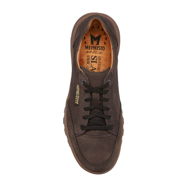 Mephisto Flynn men's dark brown nubuck lace-up trainers with a rounded toe and leather upper, cushioned interior, and durable sole.