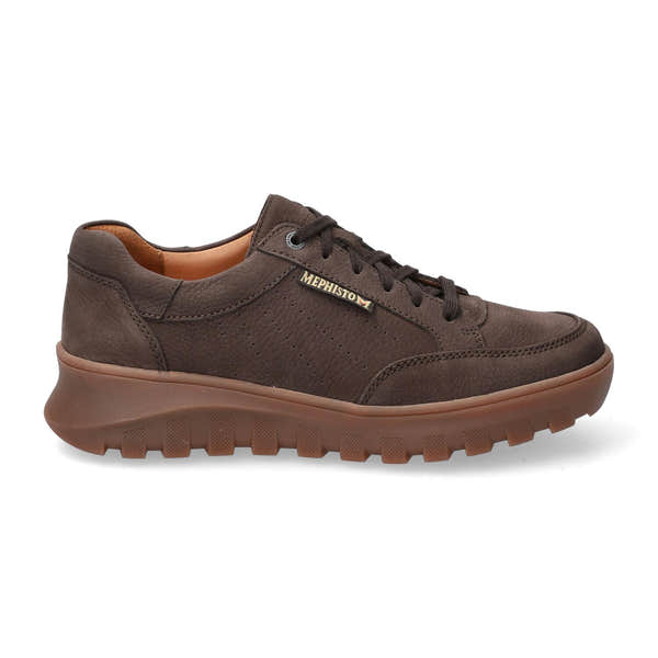 Mephisto Flynn men's dark brown nubuck lace-up trainers with cushioned sole and textured upper.