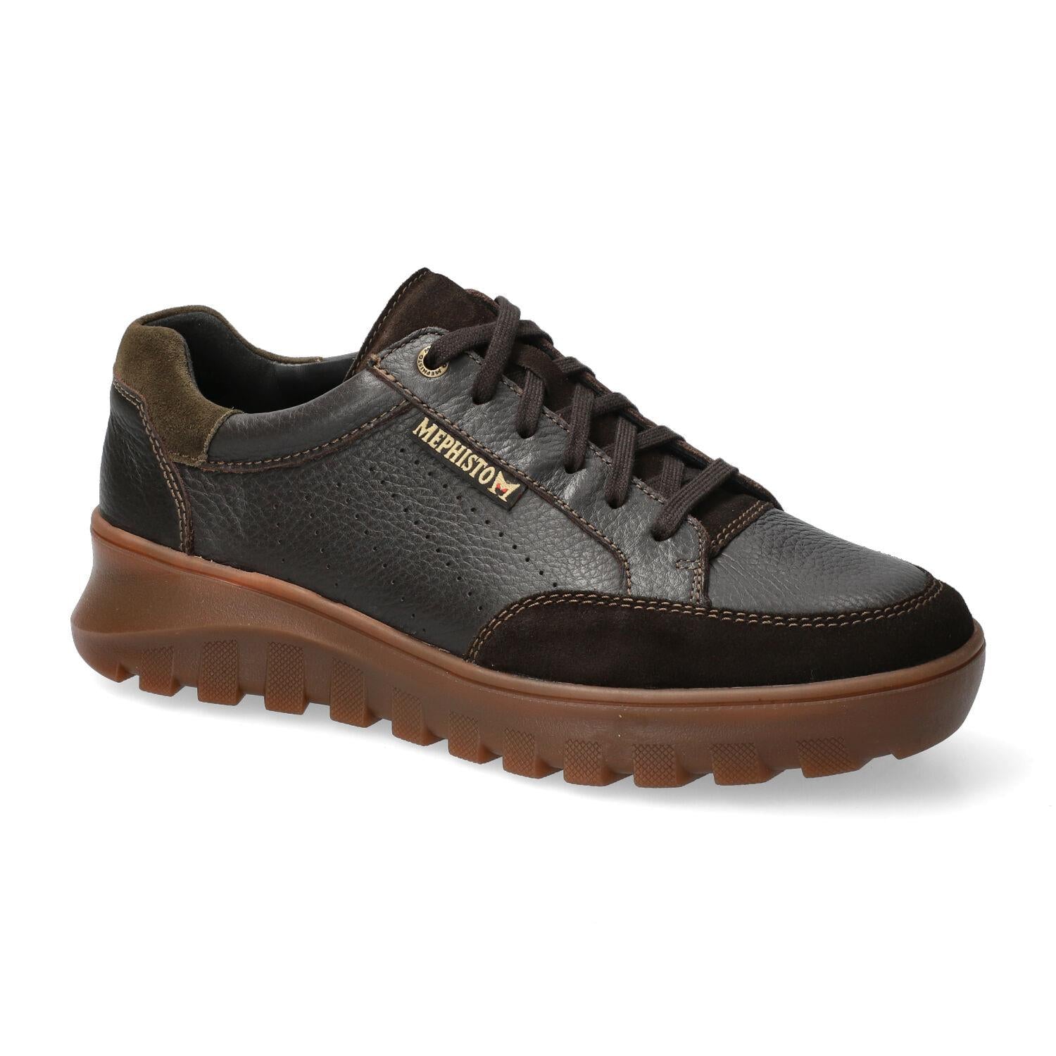 Mephisto Flynn men's dark brown full grain leather lace-up trainers with cushioned sole.