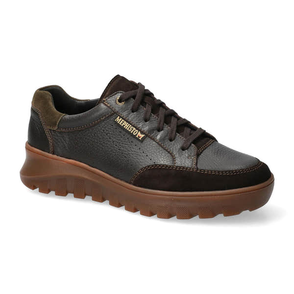 Mephisto Flynn men's dark brown full grain leather lace-up trainers with cushioned sole.