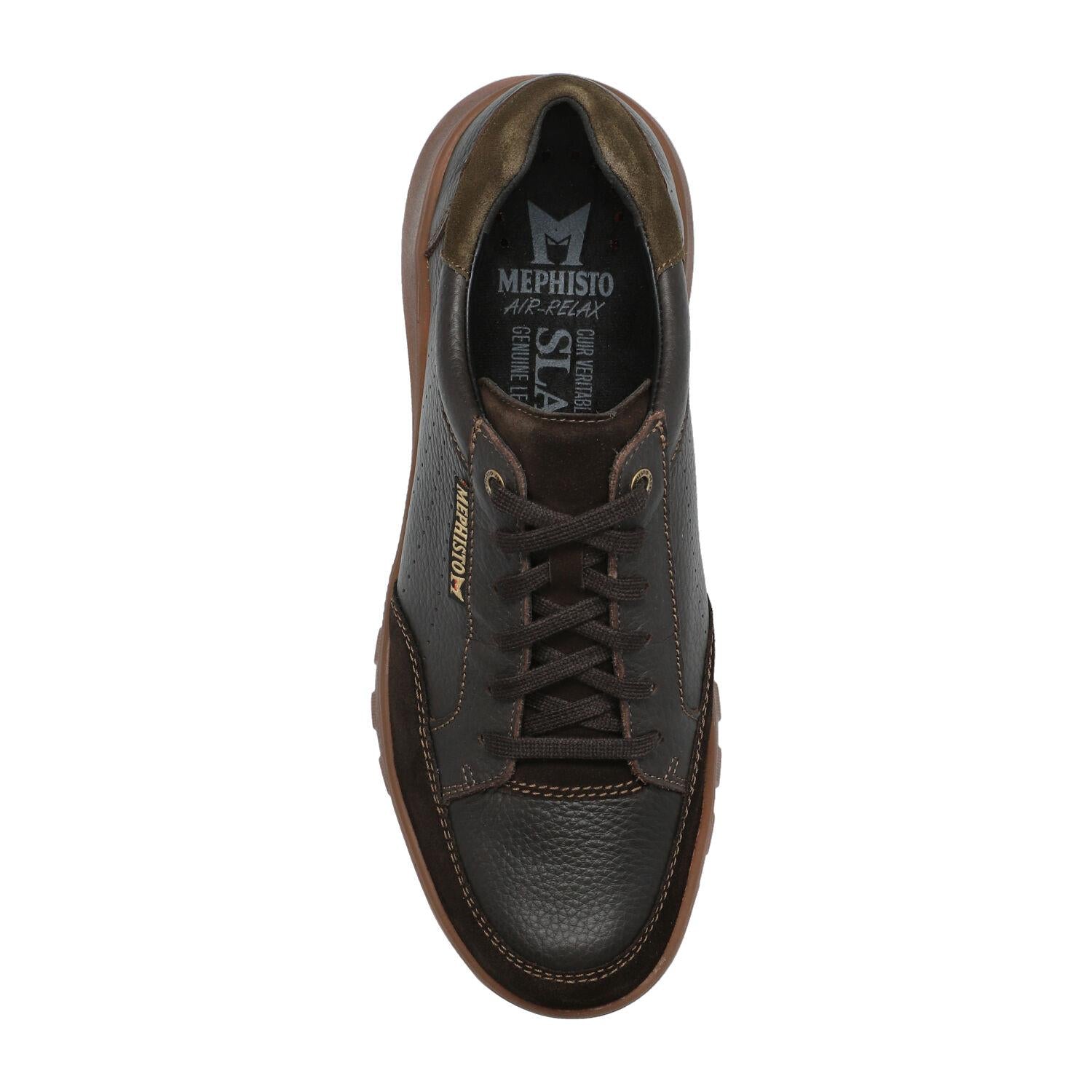 Mephisto Flynn men's dark brown full grain leather lace-up trainers with rubber soles and stitched detailing.