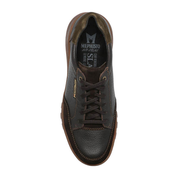 Mephisto Flynn men's dark brown full grain leather lace-up trainers with rubber soles and stitched detailing.