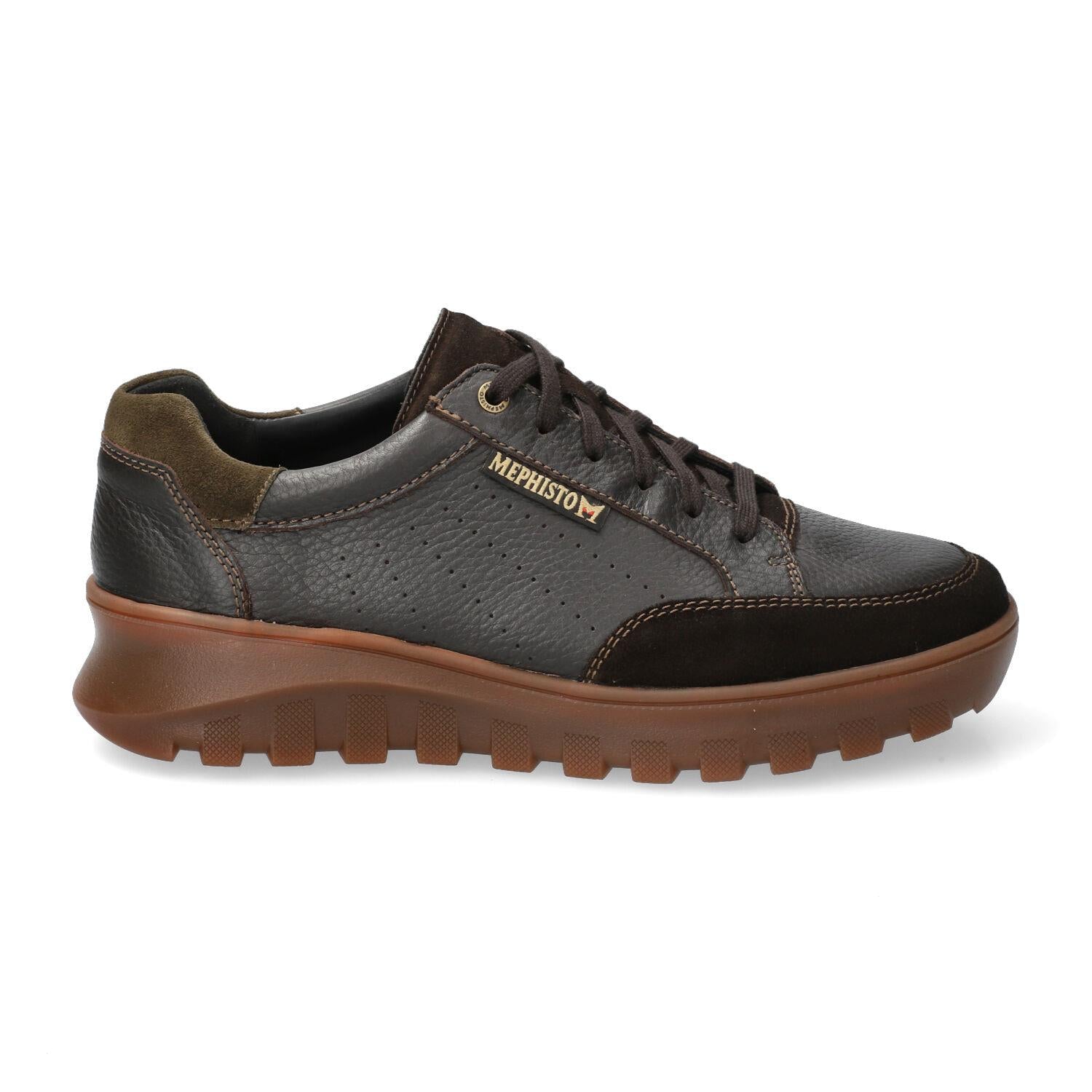 Mephisto Flynn men's dark brown full grain leather lace-up trainers with cushioned sole and suede accents.